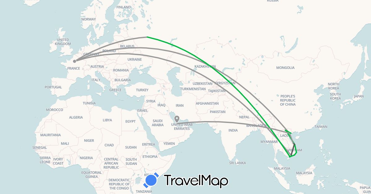TravelMap itinerary: bus, plane, train, motorbike in France, Qatar, Russia, Vietnam (Asia, Europe)
