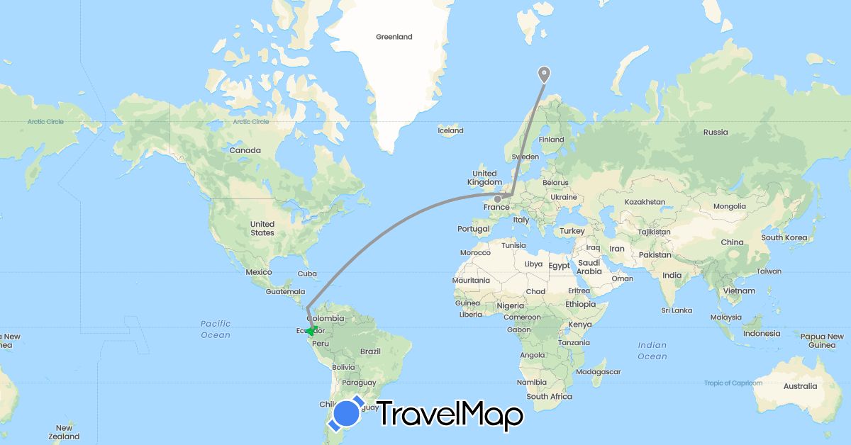 TravelMap itinerary: driving, bus, plane, hiking, boat in Germany, Ecuador, France, Panama (Europe, North America, South America)