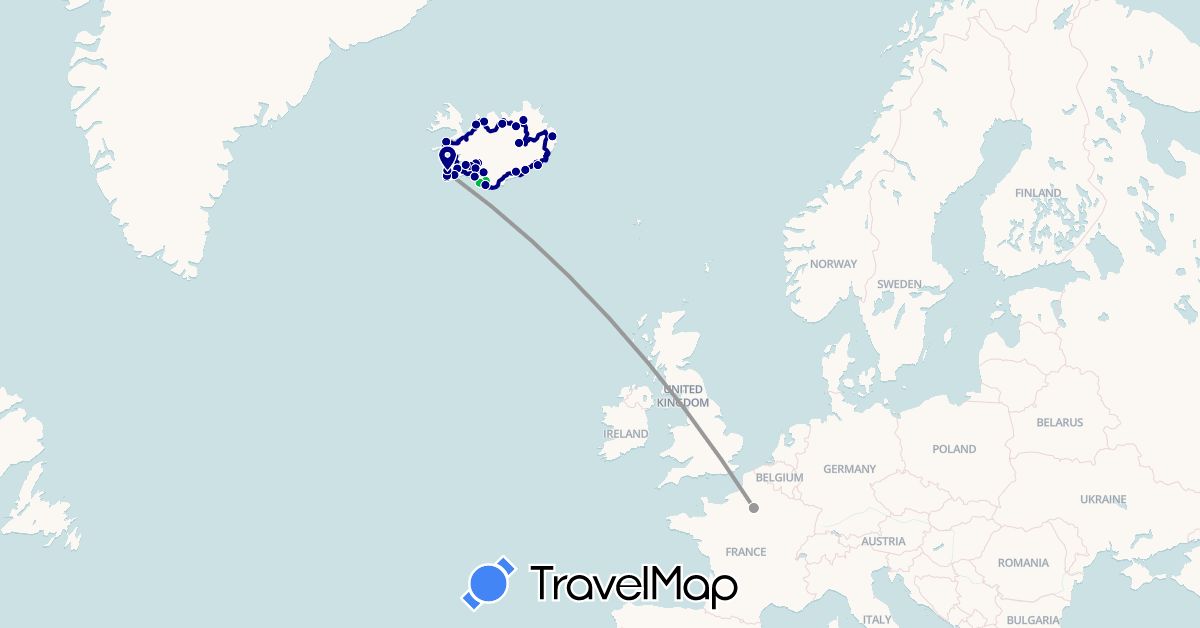 TravelMap itinerary: driving, bus, plane in France, Iceland (Europe)